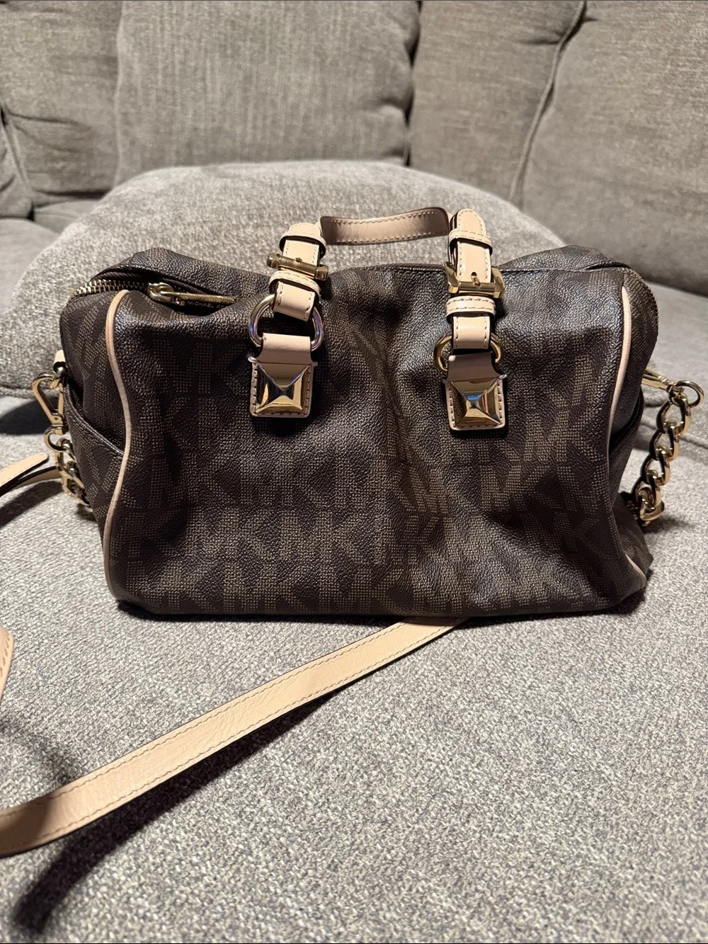 Michael Kors Dark Brown Logo Satchel with Light Beige Trim - Picture 2 of 15